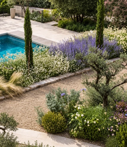 Jardin méditerranéen avec piscine, cyprès et massifs