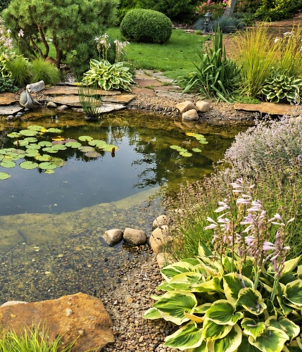 Bassin de jardin entouré de pierres et de végétaux