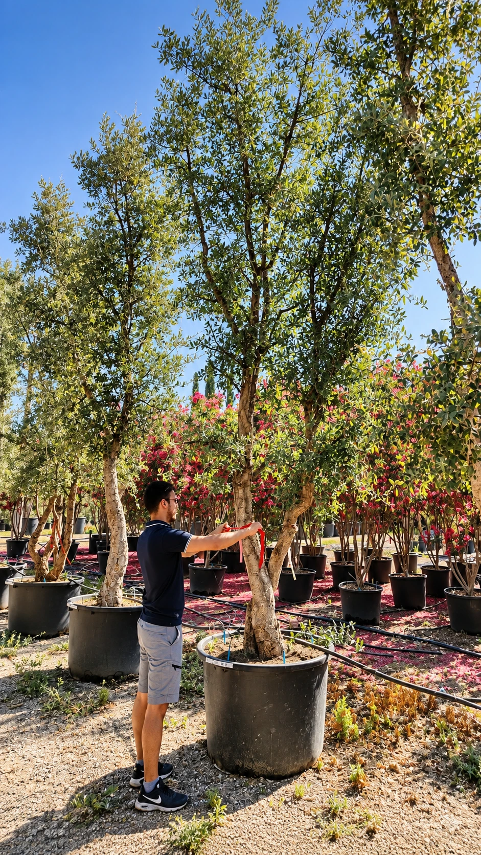 Présentation d’un arbre en pot dans une pépinière