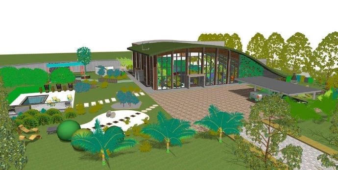Vue 3D d’un projet Design Park avec bâtiment et jardins